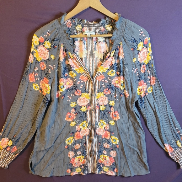 Grace & Lace Floral  Blouse - Gray with Pink and Yellow - Picture 1 of 6
